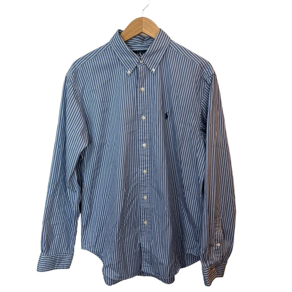 Ralph Lauren Button Down Shirt Mens Large Blue Pony Striped‎ Classic Fit